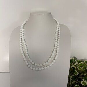 Vintage Double Strand White Milk Glass Beaded Necklace Gold Tone Rose Box Clasp